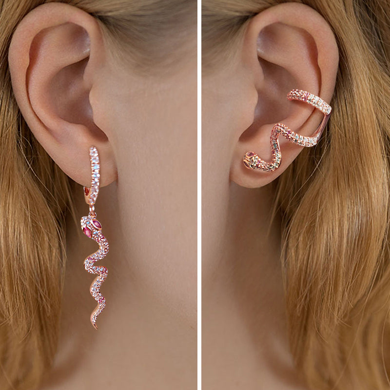 Gnoce "Rebirth" S925 Sterling Silver 18k Rose Gold Pink Snake Earrings with Clear CZ Stones_4