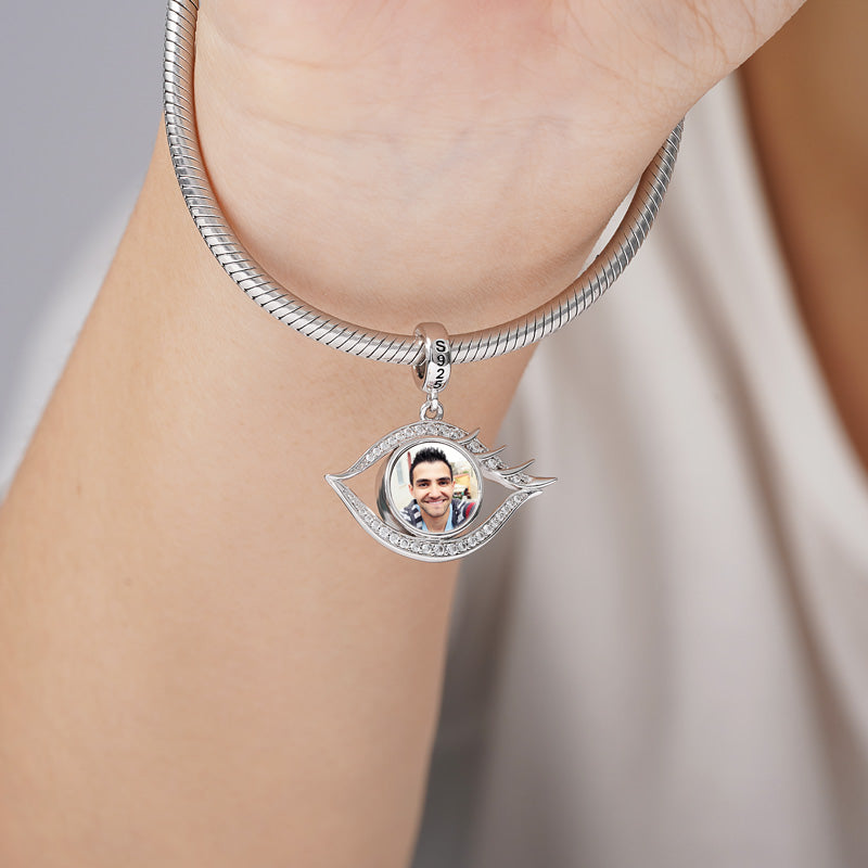 Devil's Eye Photo Charm Bead Sterling Silver Inlaid with Crystal Gems_3