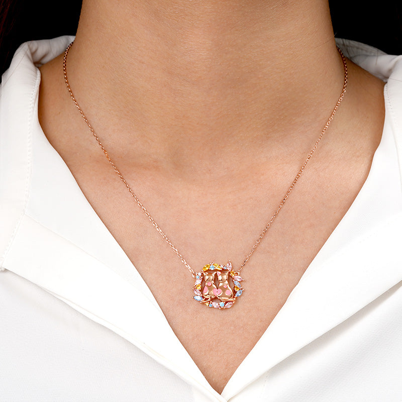 Cat Couple Necklace Surrounded by Gemstones Wreath 18K Rose Gold Plated_3