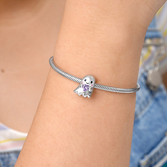 Cute Ghost Embraces Heart Gemstone Charm Bead Sterling Silver_3