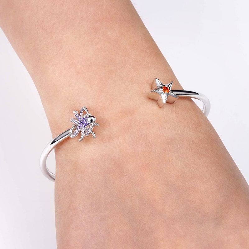 Octopus & Starfish Bangle Bracelet Sterling Silver Inlaid with Colorful Gemstones_3