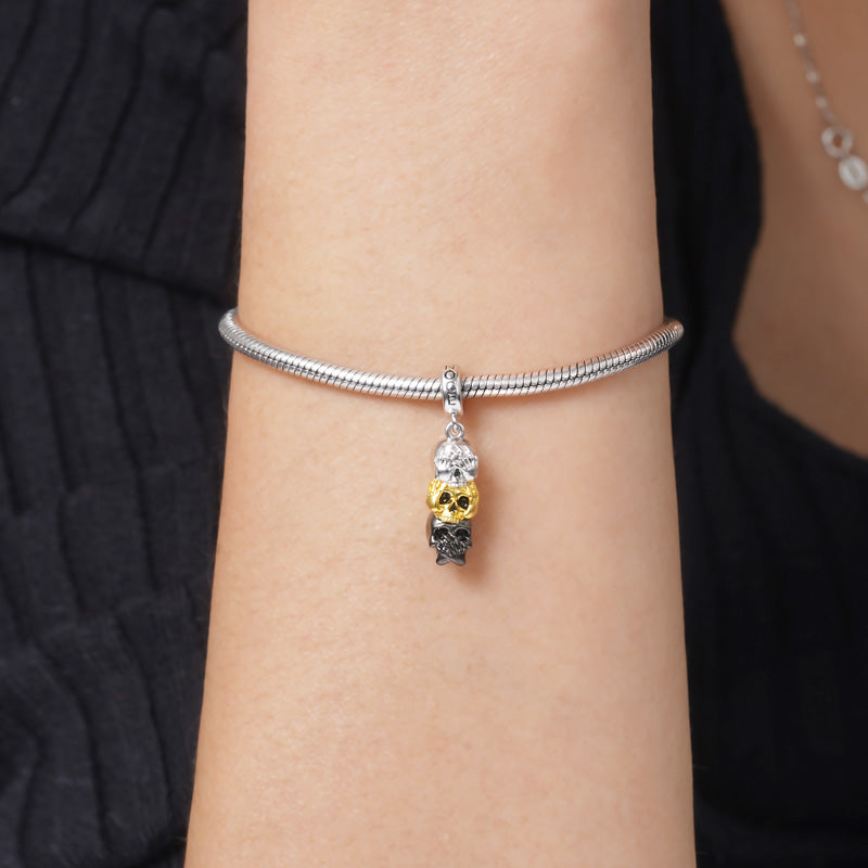 See No Hear No Speak No Wise Skulls Pendant Dangle Charm 925 Sterling Silver Three Tones_3