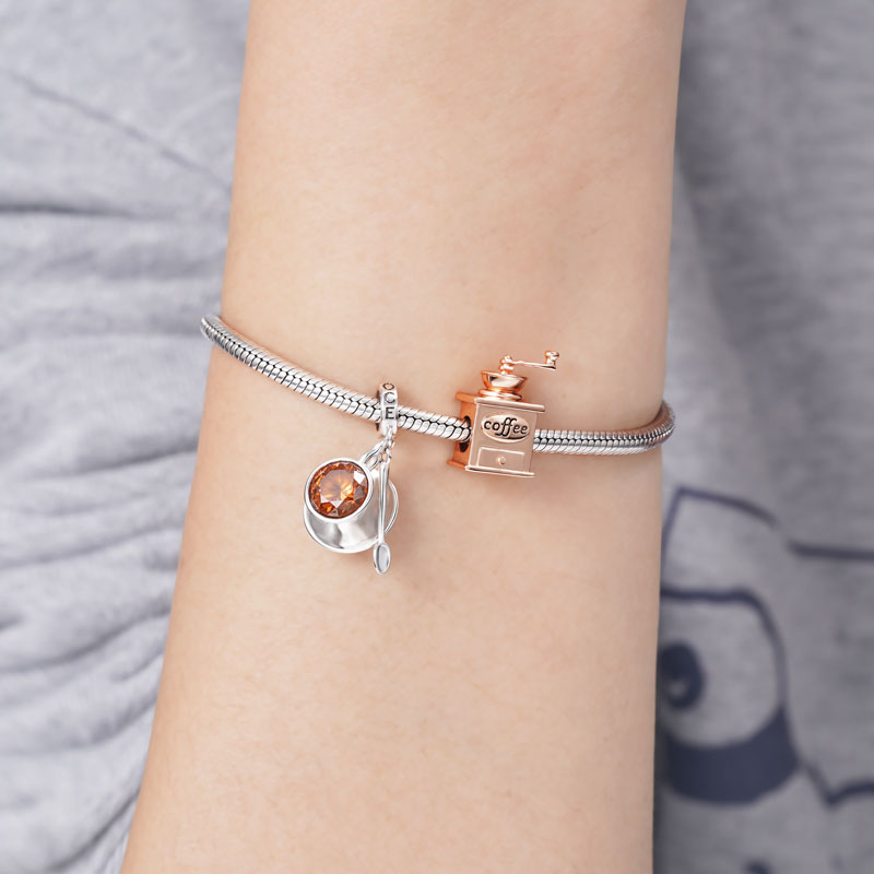 Tea Cup and Saucer Set Pendant Dangle Charm 925 Sterling Silver Inlaid with Brown CZ Stone_3