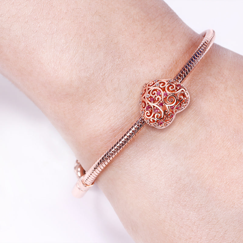 Gnoce "Soulmate" 18k Rosegold Plated Heart shaped Hollow Photo Beads Charm with Red Stone_3