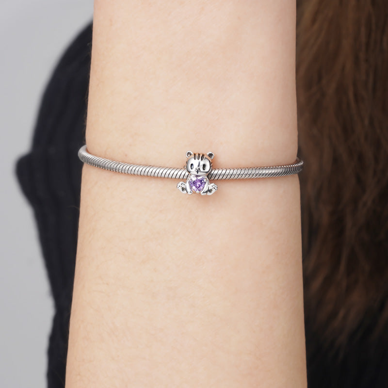 Tiger Embraces Heart Gemstone Charm Bead 925 Sterling Silver_3