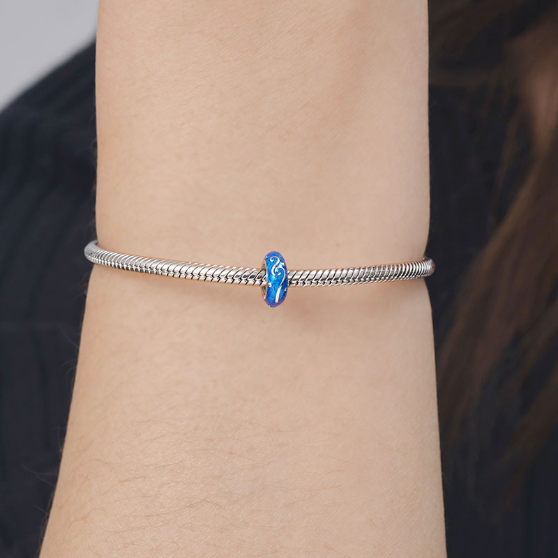 Romantic Starry Sky Stopper for Charm Bracelets 925 Sterling Silver with Blue Enamels_3