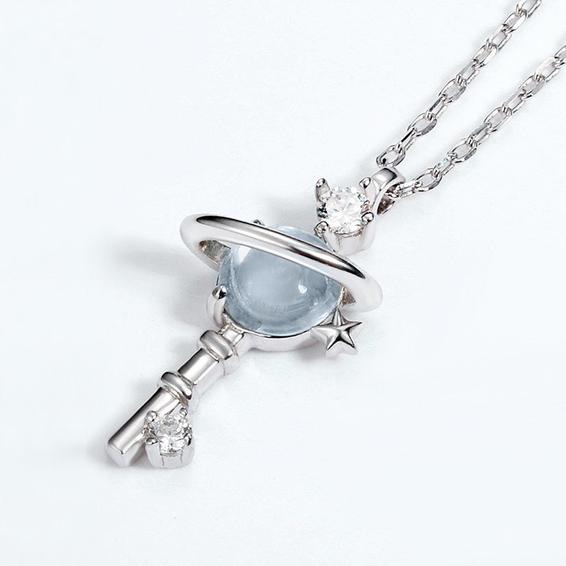 Sky Blue Topaz Planet Key Necklace Sterling Silver Inlaid with Crystal Gemstones_3