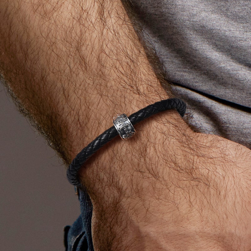 Skull Cross & Rose Men's Vintage Bead S925 Sterling Silver with Gift Copper Black Leather Men's Bracelet Jewelry for Men_4