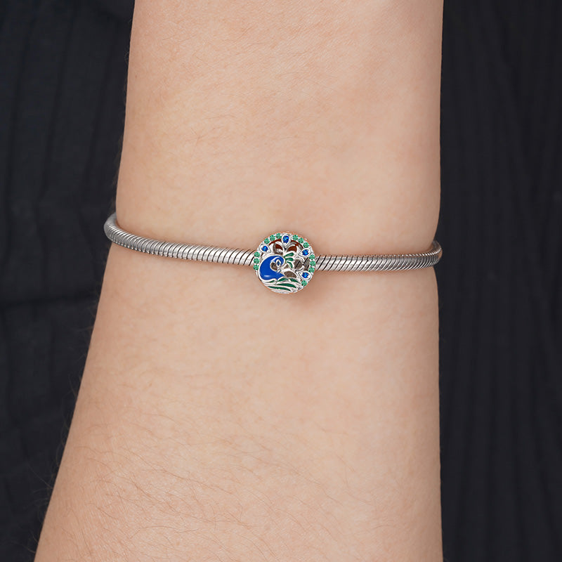 Peafowl Charm Bead 925 Sterling Silver with Green & Blue Enamels and CZ Stones_3