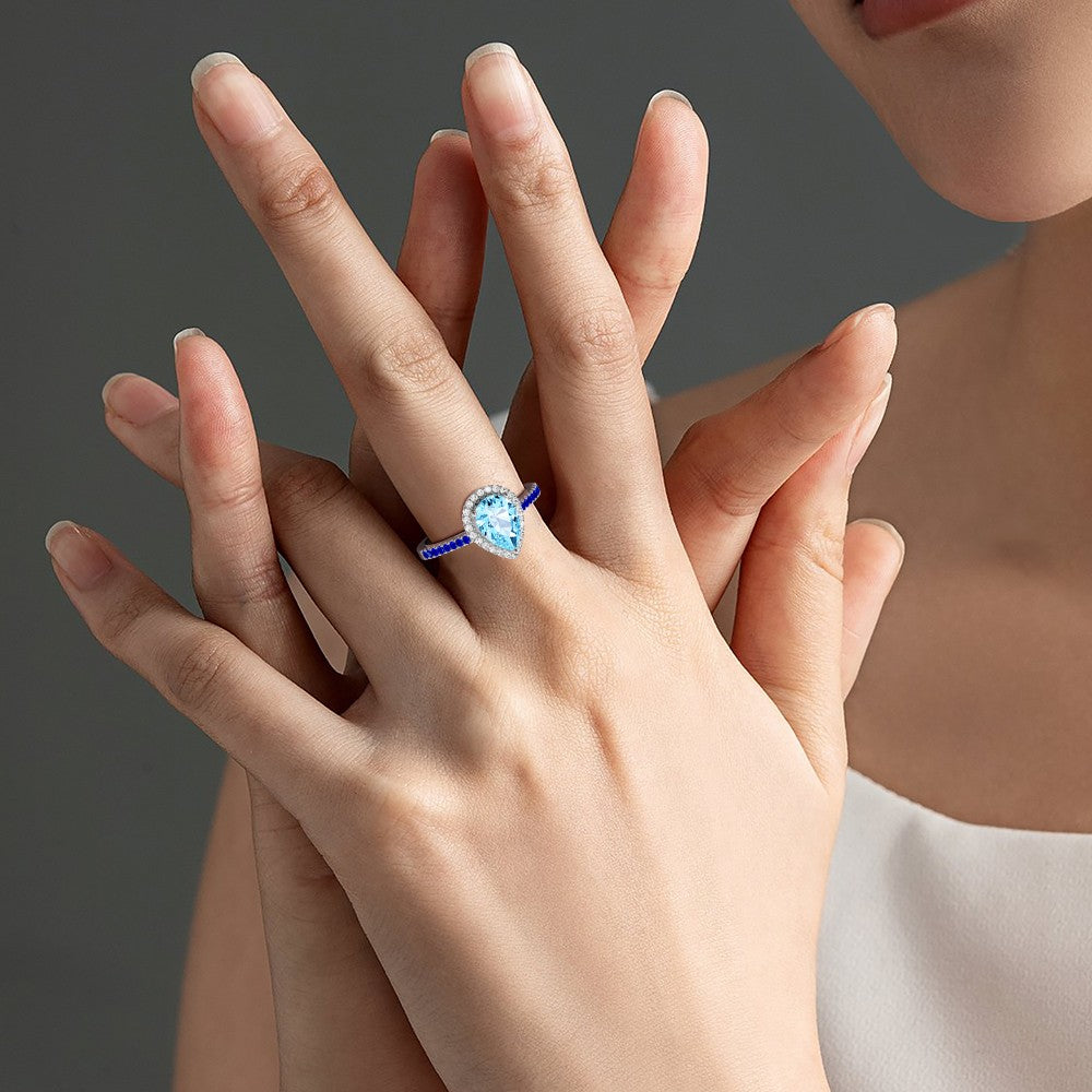 Sparkling BlueTeardrop Ring 925 Sterling Silver Inlaid with Clear Gemstones_5