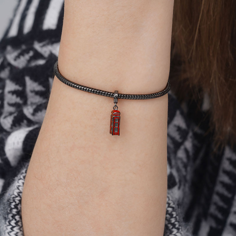 Retro Telephone Booth Pendant Dangle Charm 925 Sterling Silver Black Plated with Red Enamels_3