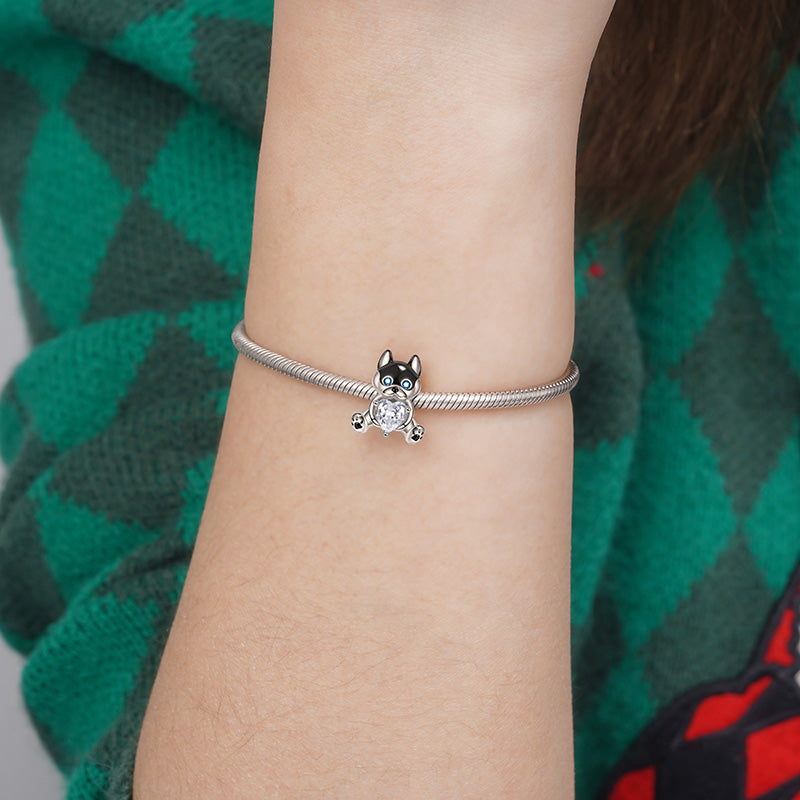 Husky Puppy Embraces Heart Gemstone Charm Bead 925 Sterling Silver_3