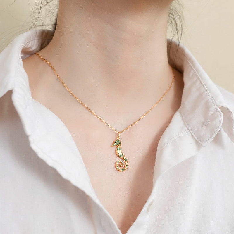 Seahorse Necklace Inlaid with Shiny Spinels Gold Plated Sterling Silver Ocean Collection_4