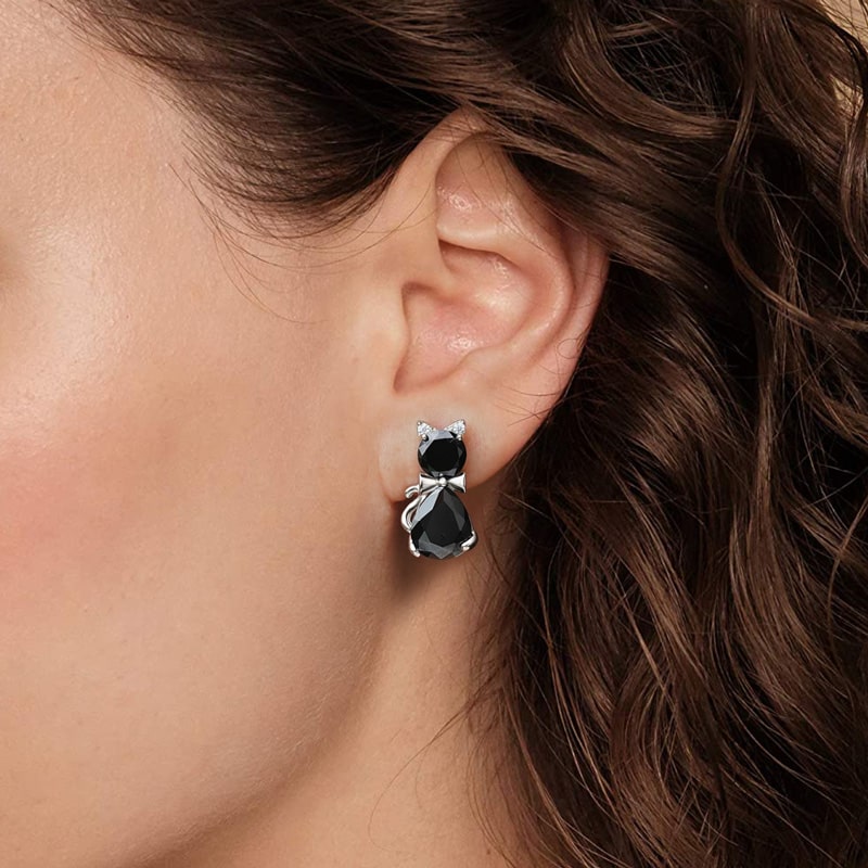 Gnoce Sparkling Black Cat Stud Earrings_3