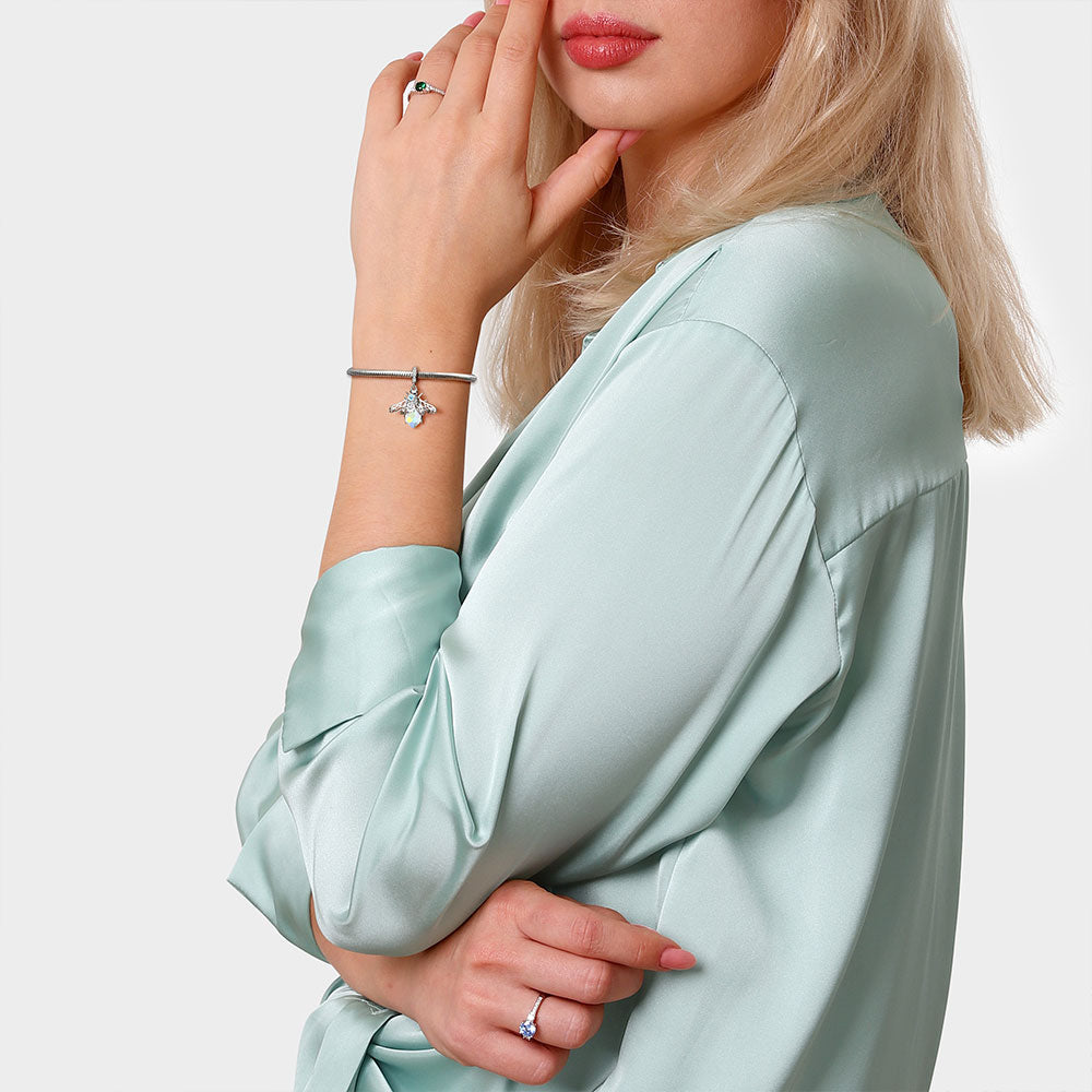 Flowers on Bee Pendant Dangle Charm 925 Sterling Silver with Shiny Artificial Crystal_3