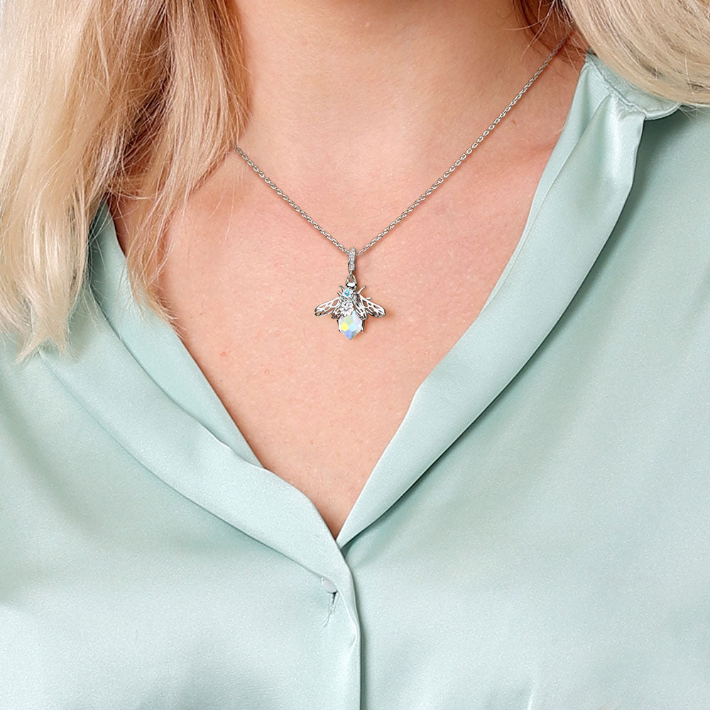 Flowers on Bee Pendant Dangle Charm 925 Sterling Silver with Shiny Artificial Crystal_6