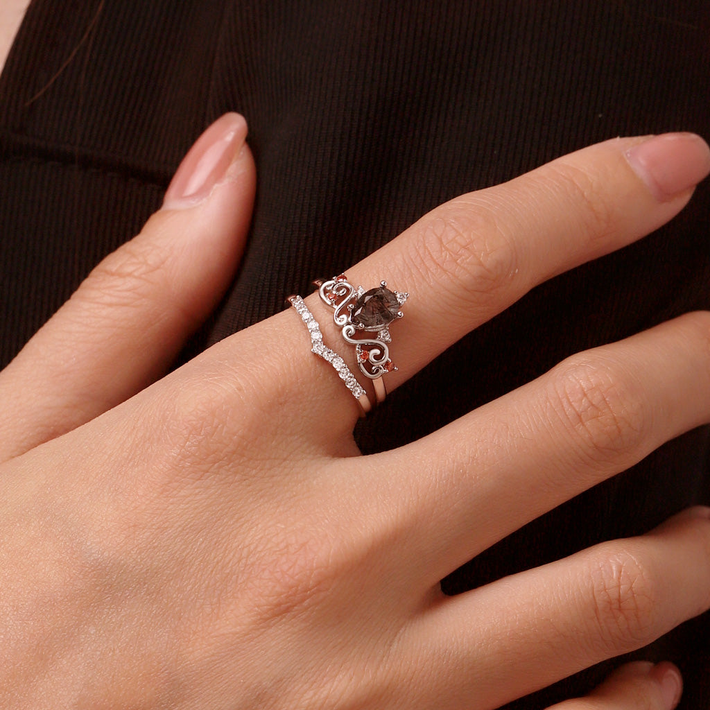 Gnoce Pear Black Rutilated Quartz Stackable Rings_7