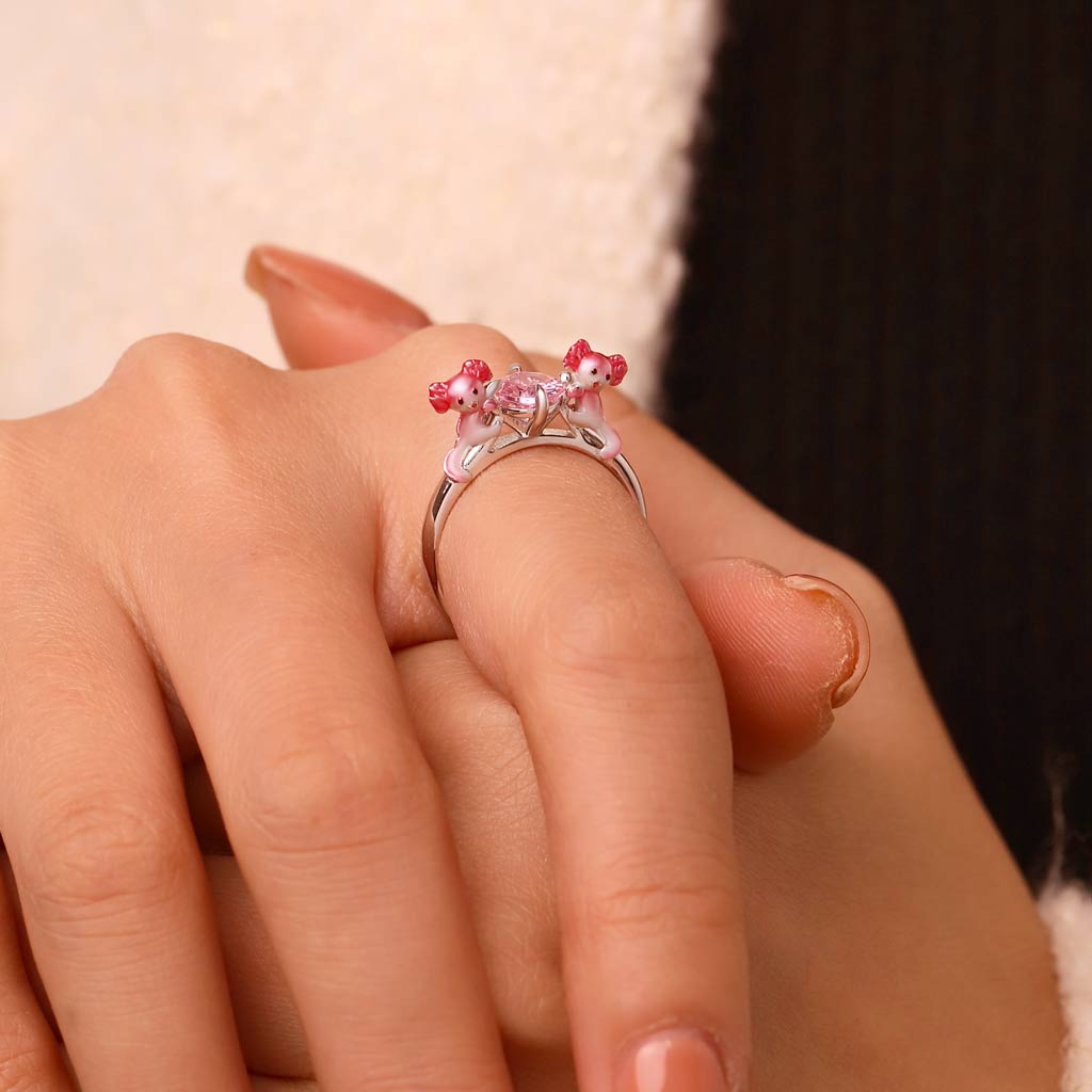 Gnoce Adorable Axolotl Hug Pink Diamond Ring_5
