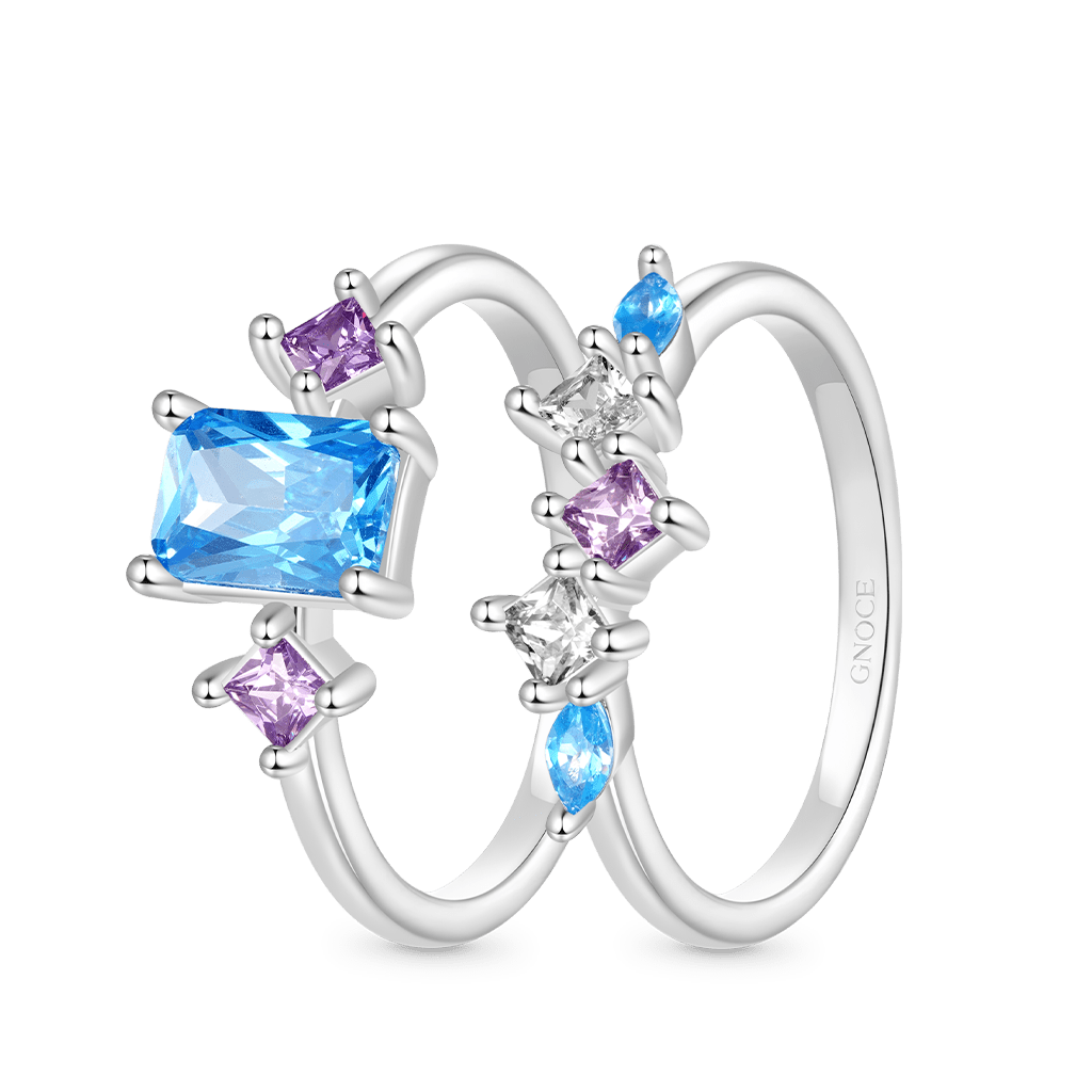 Gnoce Rectangular-cut Aquamarine Multicolor Sapphire Wedding Ring Set_2