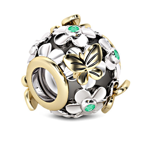 Gnoce "Butterfly Love Flower" Silver Flower Gold Butterfly Plated Green Sapphire 925 Sterling Silver Nature Theme Bead_2