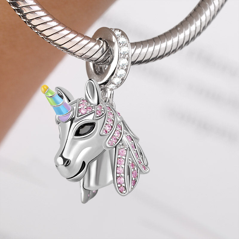 Gnoce "Sweet Dream" Unicorn Pendant 925 Sterling Silver Charm with Pink CZs Fit for Bracelet Or Necklace_3
