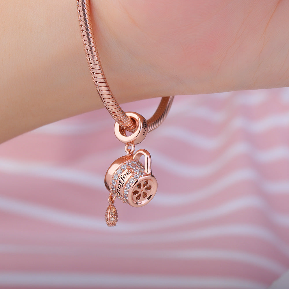 Gnoce "Have A Cup of Coffee" Coffee Charm S925 Sterling Silver Pendant 18k Rose Gold Plated with Cz_4