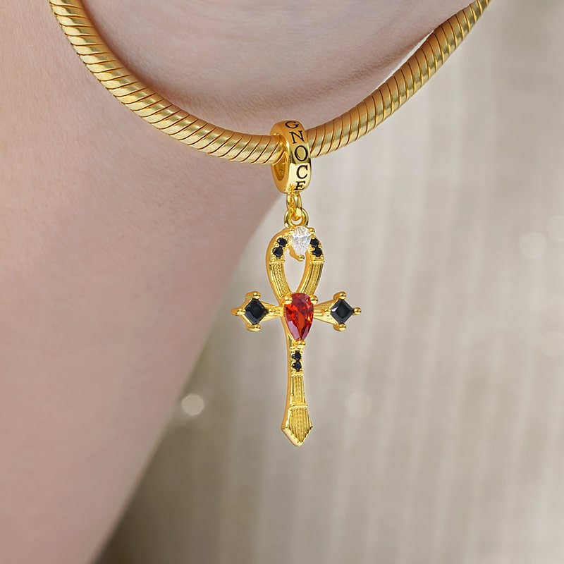 Ankh Pendant Dangle Charm Sterling Silver 18k Gold Plated inlaid with Stones_3