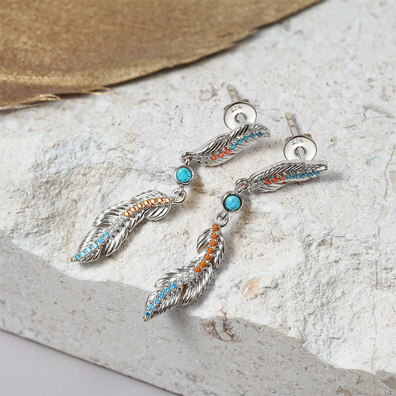 Feather Earrings Sterling Silver inlaid with Turquoise and Stones_2