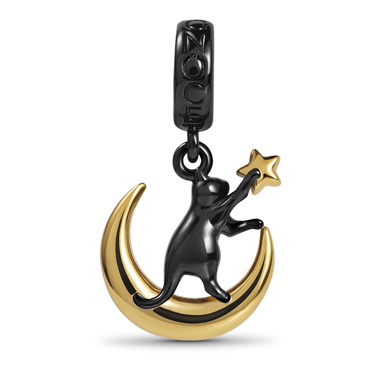 "Cat Reaching for Star on the Moon" Pendant Dangle Charm Sterling Silver_1