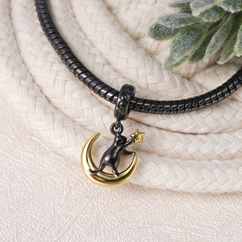 "Cat Reaching for Star on the Moon" Pendant Dangle Charm Sterling Silver_2