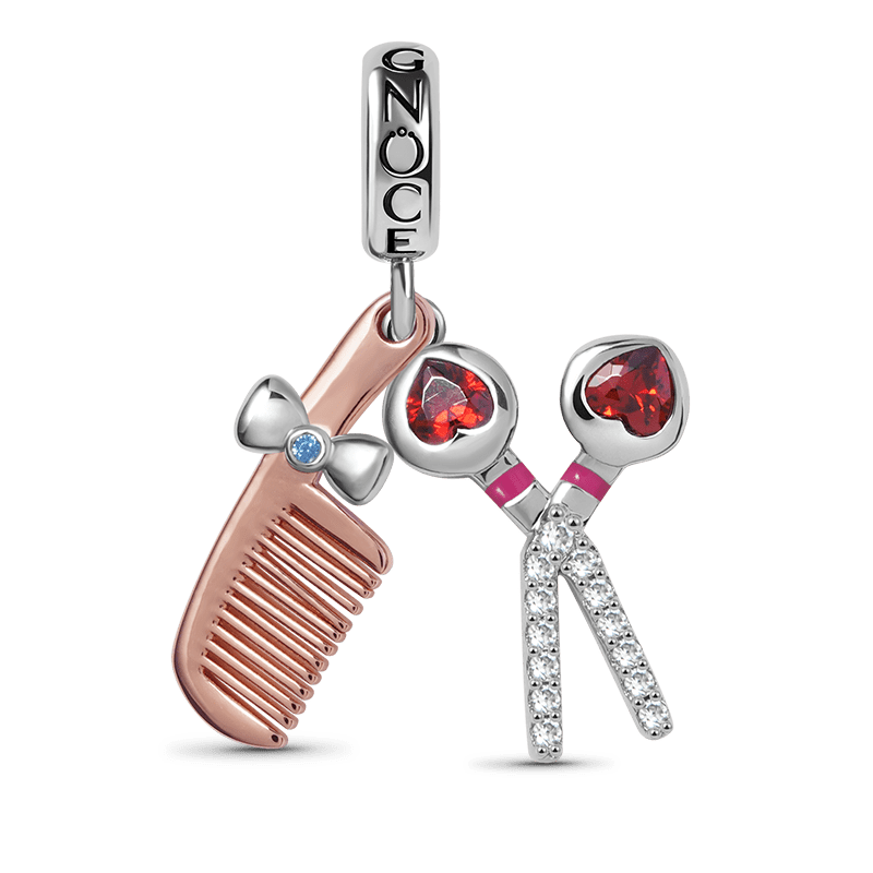 Comb & Scissors Pendant Dangle Charm Inlaid with Heart Shape Ruby and Gemstones Sterling Silver 18K Rose Gold Plated_1