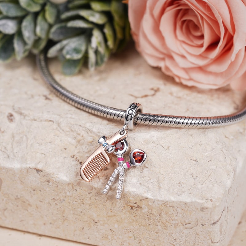 Comb & Scissors Pendant Dangle Charm Inlaid with Heart Shape Ruby and Gemstones Sterling Silver 18K Rose Gold Plated_2
