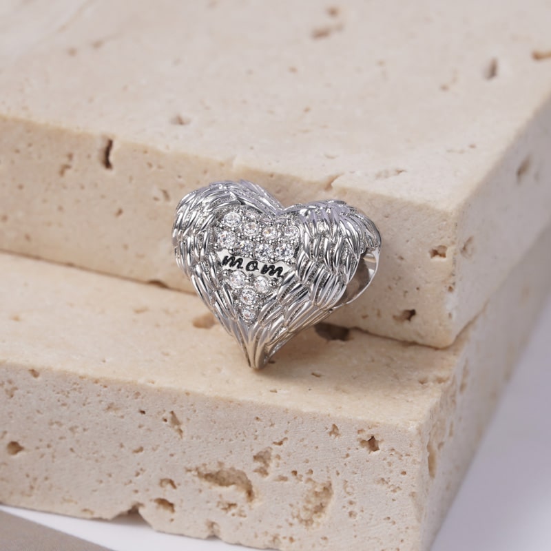 Feather Heart Mom's Love Charm Bead Inlaid with Crystal Gemstones Sterling Silver_2