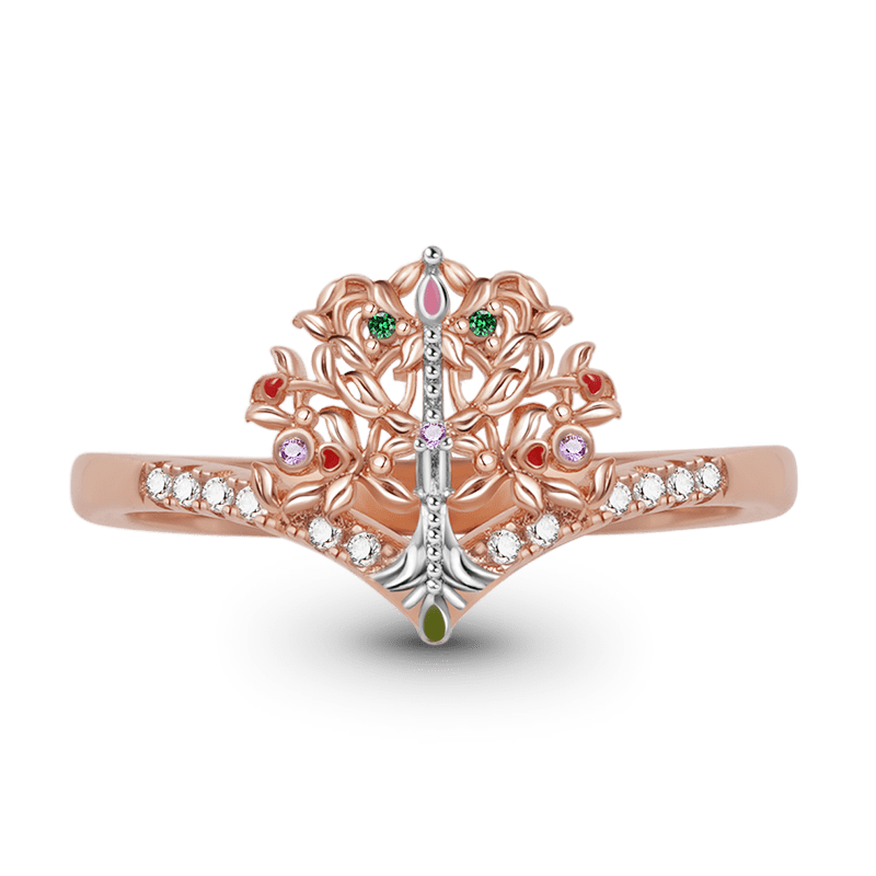 Tree of Life V Ring Sterling Silver 18K Rose Gold Plated Inlaid with Colorful Gemstones_1