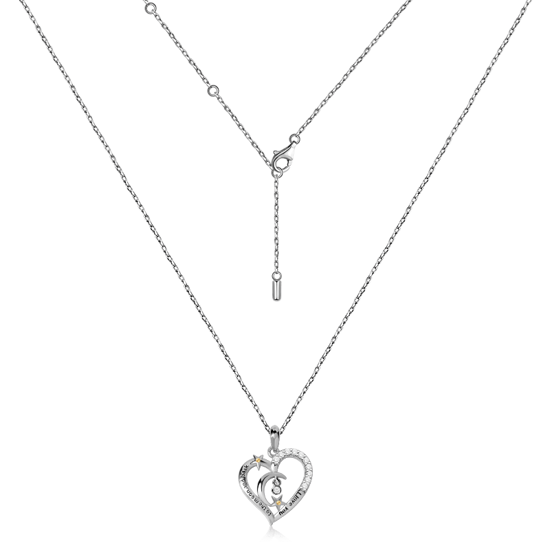 "I love you to the moon and back" Moon and Star Heart Necklace Inlaid with Cz Stones Sterling Silver_2