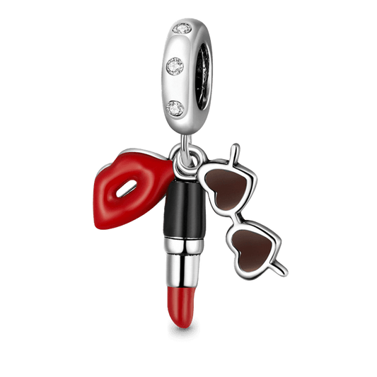 Fashionable Lipstick & Sunglasses Pendant Dangle Charm Sterling Silver_1