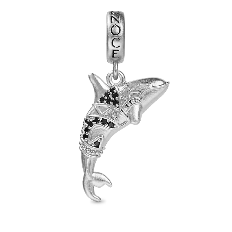 Killer Whale Orca Pendant Dangle Charm Sterling Silver Inlaid with Black Stones_1