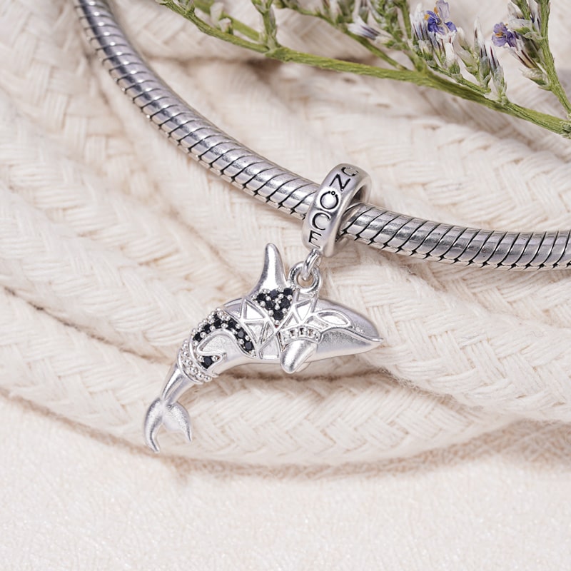 Killer Whale Orca Pendant Dangle Charm Sterling Silver Inlaid with Black Stones_2