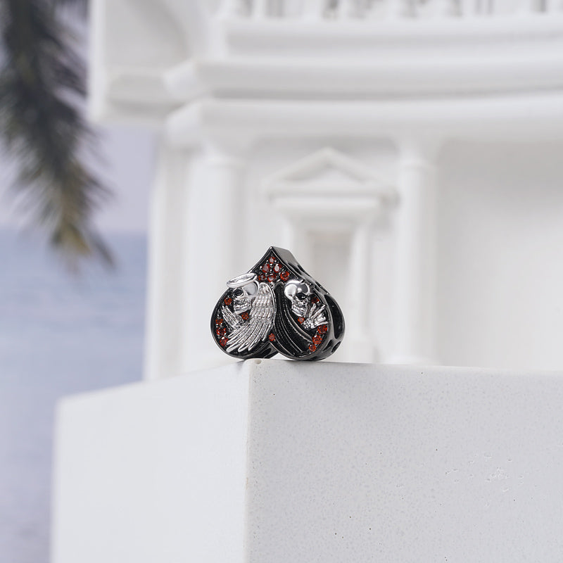 Devil Angel Black Heart Charm Bead Sterling Silver Inlaid with Red Gemstones_2