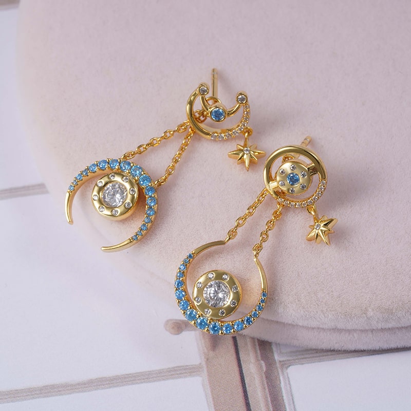 Star Moon Asymmetrical Pattern Dangle Earrings Inlaid with Colorful Gems Sterling Silver 18K Gold Plated_2