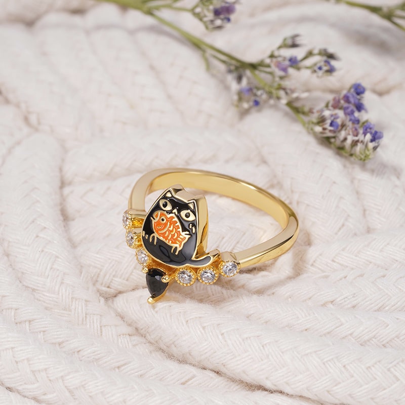 Kitten Eating Fish V-Ring Inlaid with Black Drop Zircon and Crystal Gemstones Sterling Silver 18K Gold Plated_2