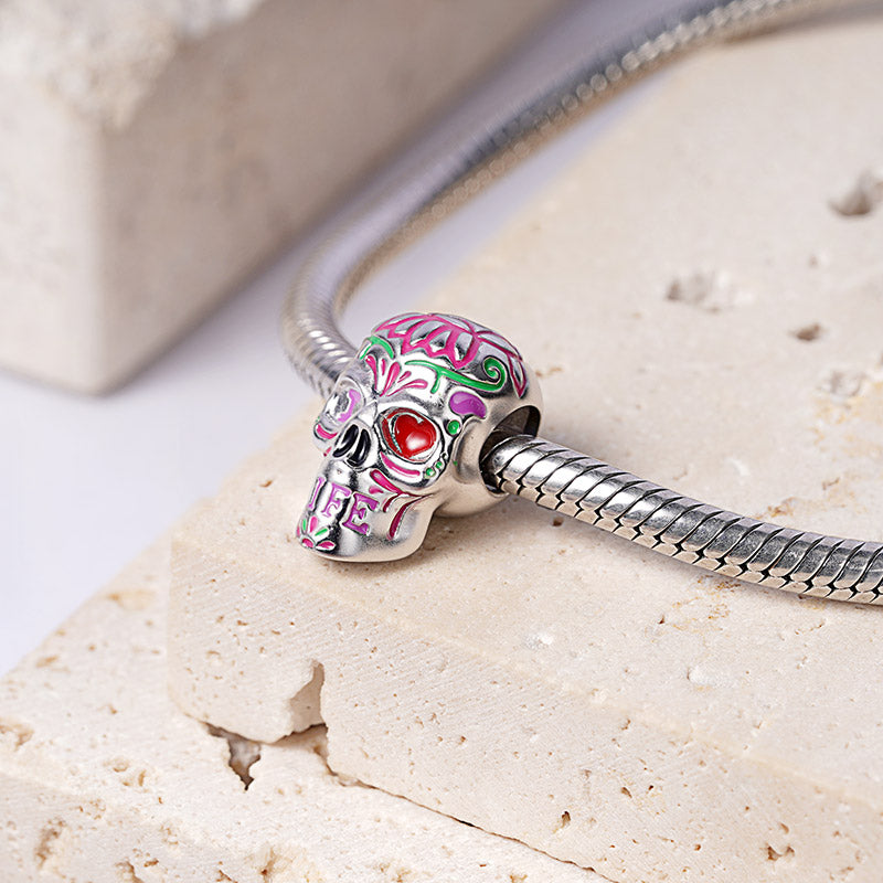 “I Love Life” Flower Skull Charm Bead 925 Sterling Silver_2