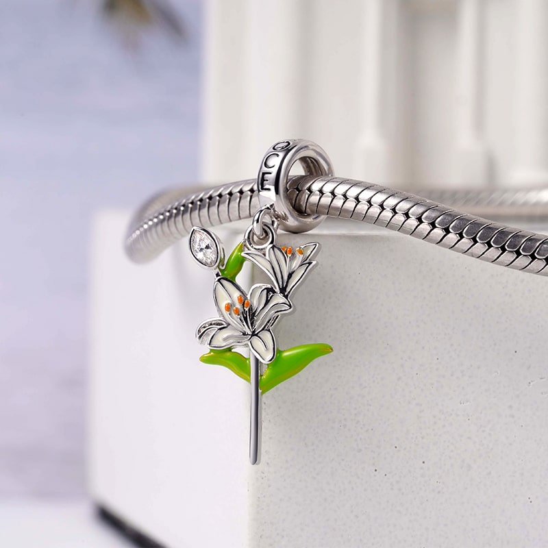 Lily Flower Pendant Dangle Charm Sterling Silver Inlaid with Crystal Oval Cut  Zircon_2
