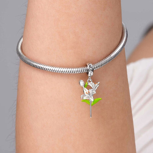 Lily Flower Pendant Dangle Charm Sterling Silver Inlaid with Crystal Oval Cut  Zircon_3