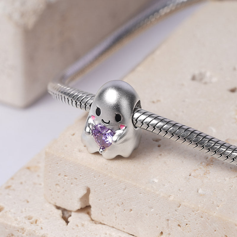Cute Ghost Embraces Heart Gemstone Charm Bead Sterling Silver_2