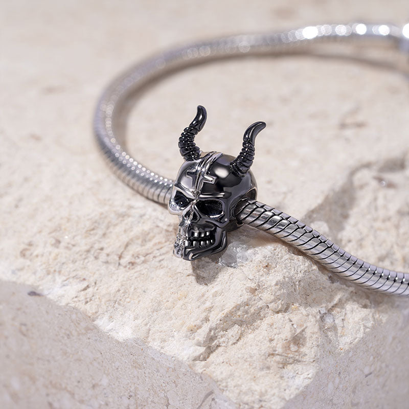 Silver & Black Two Tone Devil Skull with Horns Charm Bead 925 Sterling Silver_2