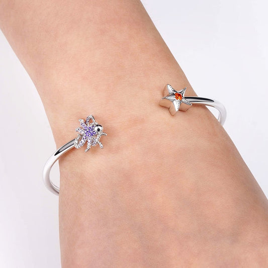 Octopus & Starfish Bangle Bracelet Sterling Silver Inlaid with Colorful Gemstones_3