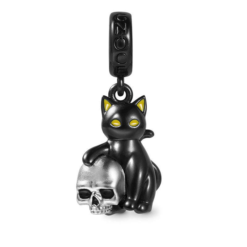 Cat Loves Skull Pendant Dangle Charm 925 Sterling Silver_1