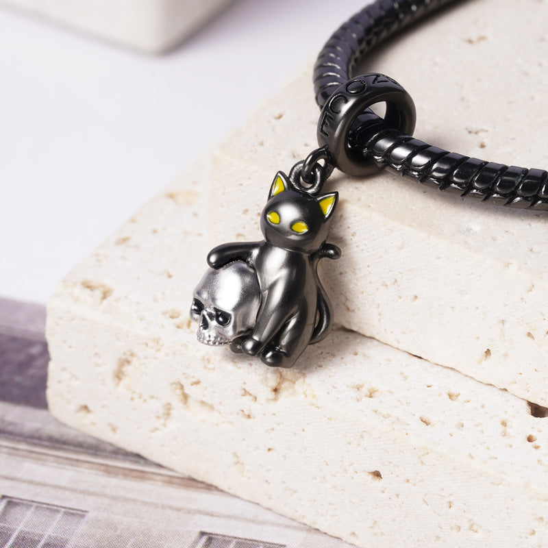 Cat Loves Skull Pendant Dangle Charm 925 Sterling Silver_2