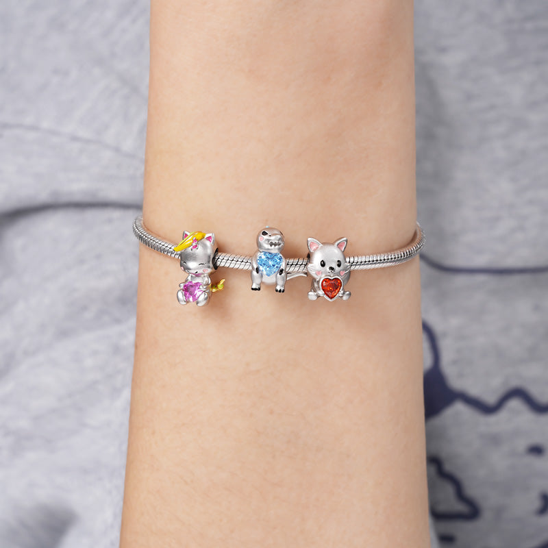 Dinosaur Embraces Heart Gemstone Charm Bead Sterling Silver_4